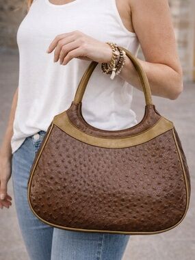 Vintage VEARI Genuine Ostrich Leather Handbag Brown Tan Shoulder Bag
